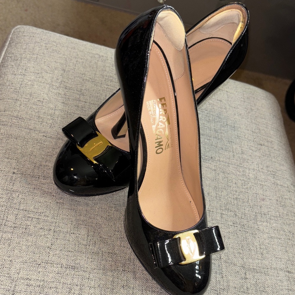 Salvatore Ferragamo Black Patent Bow Heels